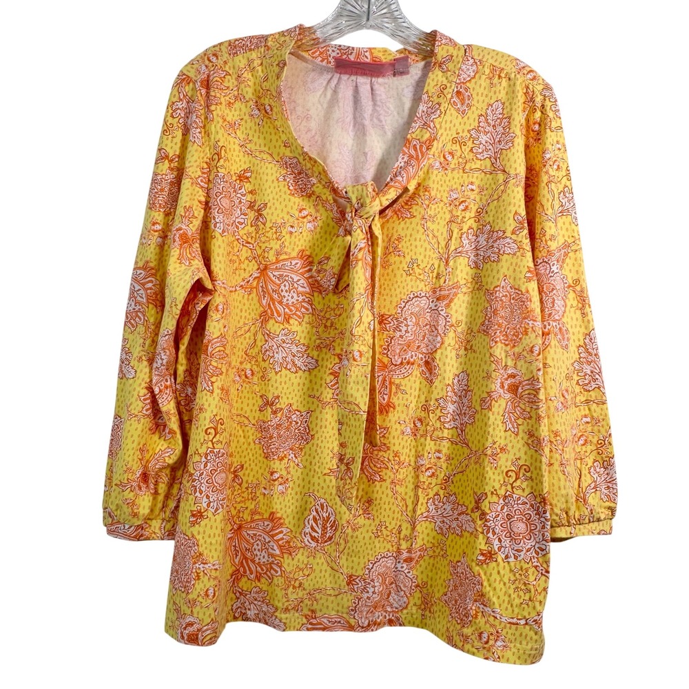 Lilly & Van Yellow Orange Paisley Floral Tie Neck Long Sleeve Blouse XL